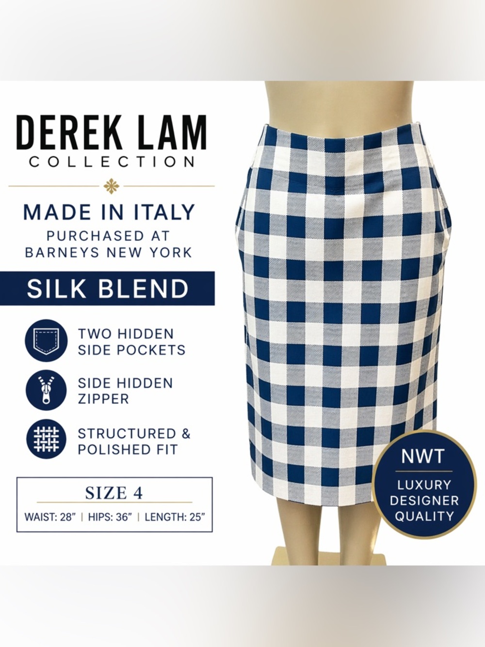 NWT Derek Lam Italy Silk Blend Gingham Skirt Sz 4 Blue White Pockets MSRP $425